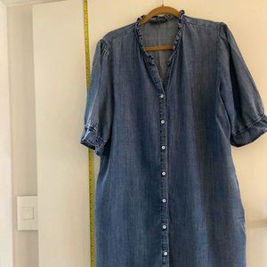 Soft brushed denim dress/tunic top, with cute ruffled neck and sleeve detail